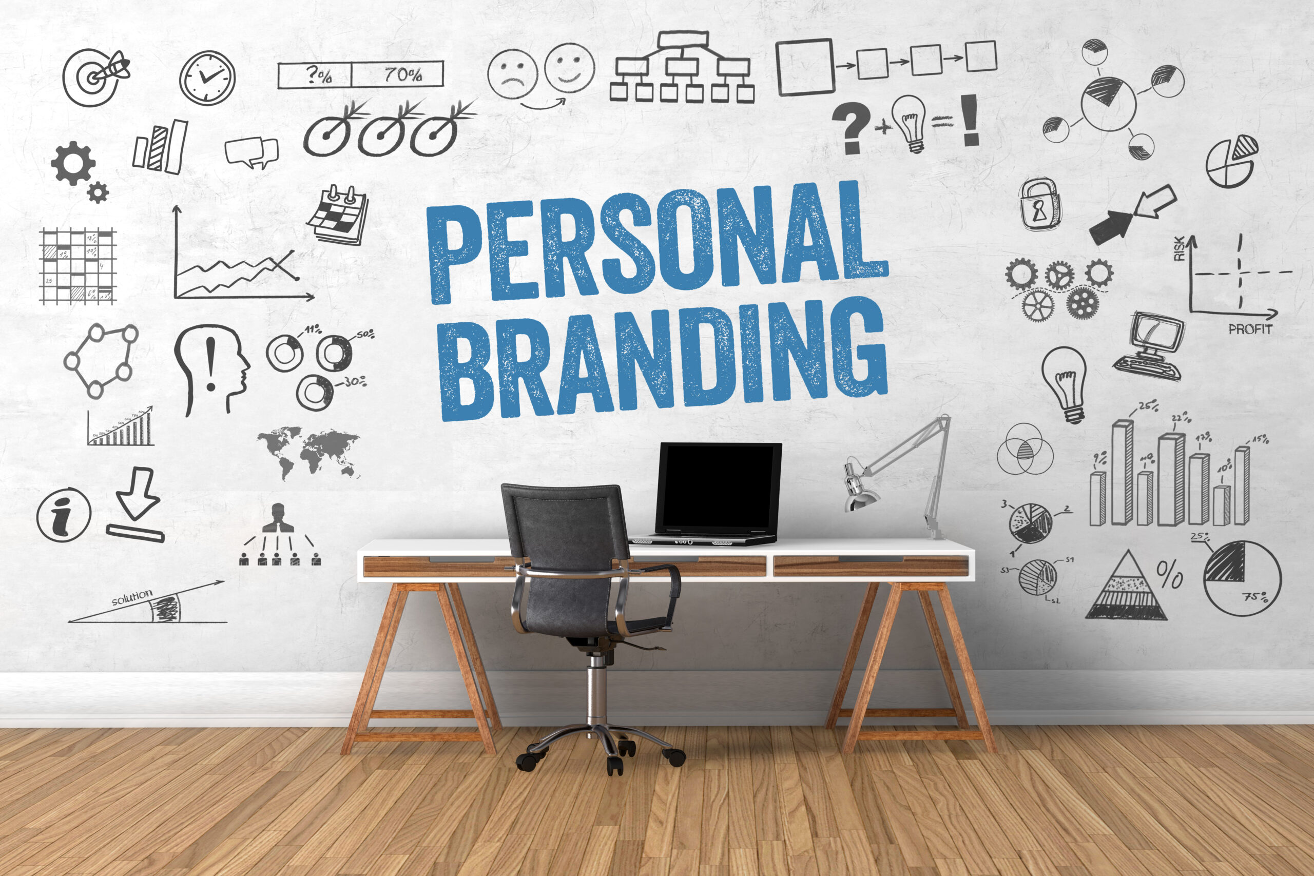 Personal Branding text on wall with a desk and computer under.